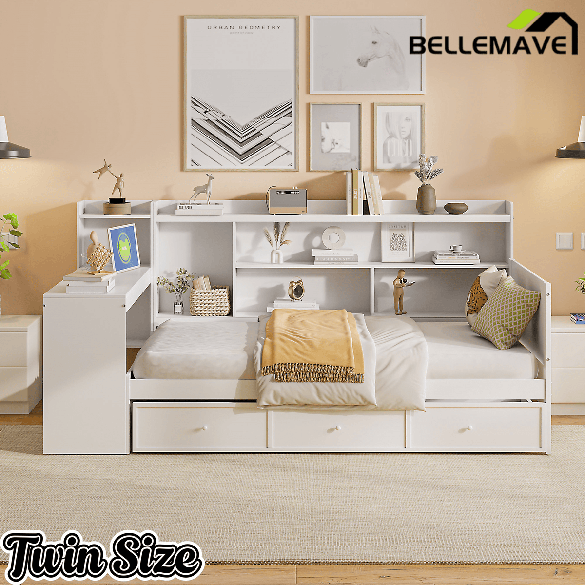 Bellemave® Pinewood U - Shaped Captain Daybed with Desk, Storage Drawers & USB Headboard - Bellemave
