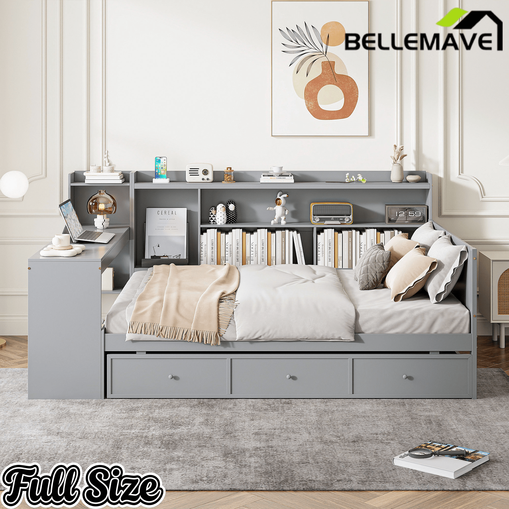 Bellemave® Pinewood U - Shaped Captain Daybed with Desk, Storage Drawers & USB Headboard - Bellemave