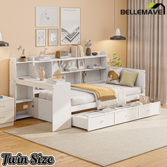 Bellemave® Pinewood U - Shaped Captain Daybed with Desk, Storage Drawers & USB Headboard - Bellemave