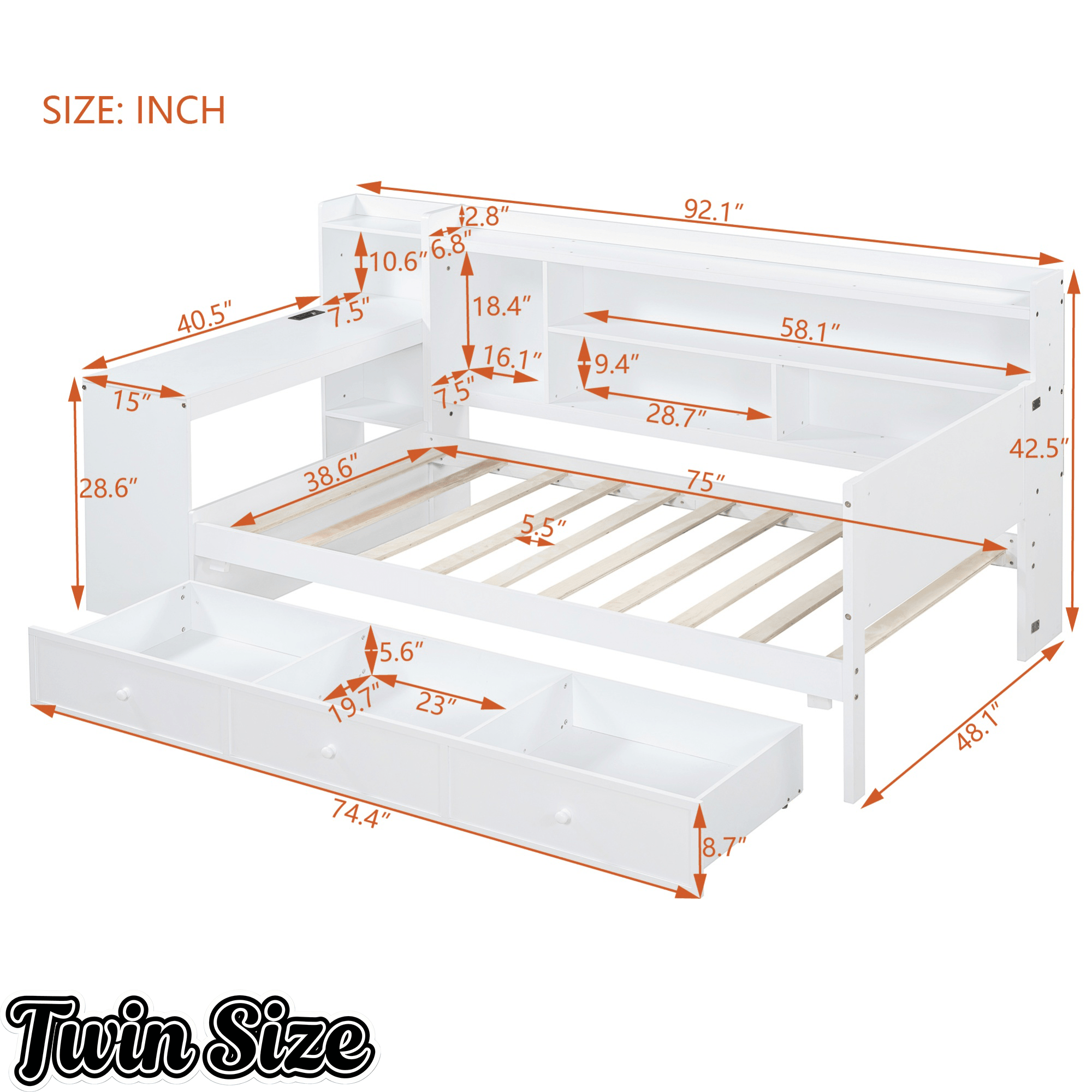 Bellemave® Pinewood U - Shaped Captain Daybed with Desk, Storage Drawers & USB Headboard - Bellemave