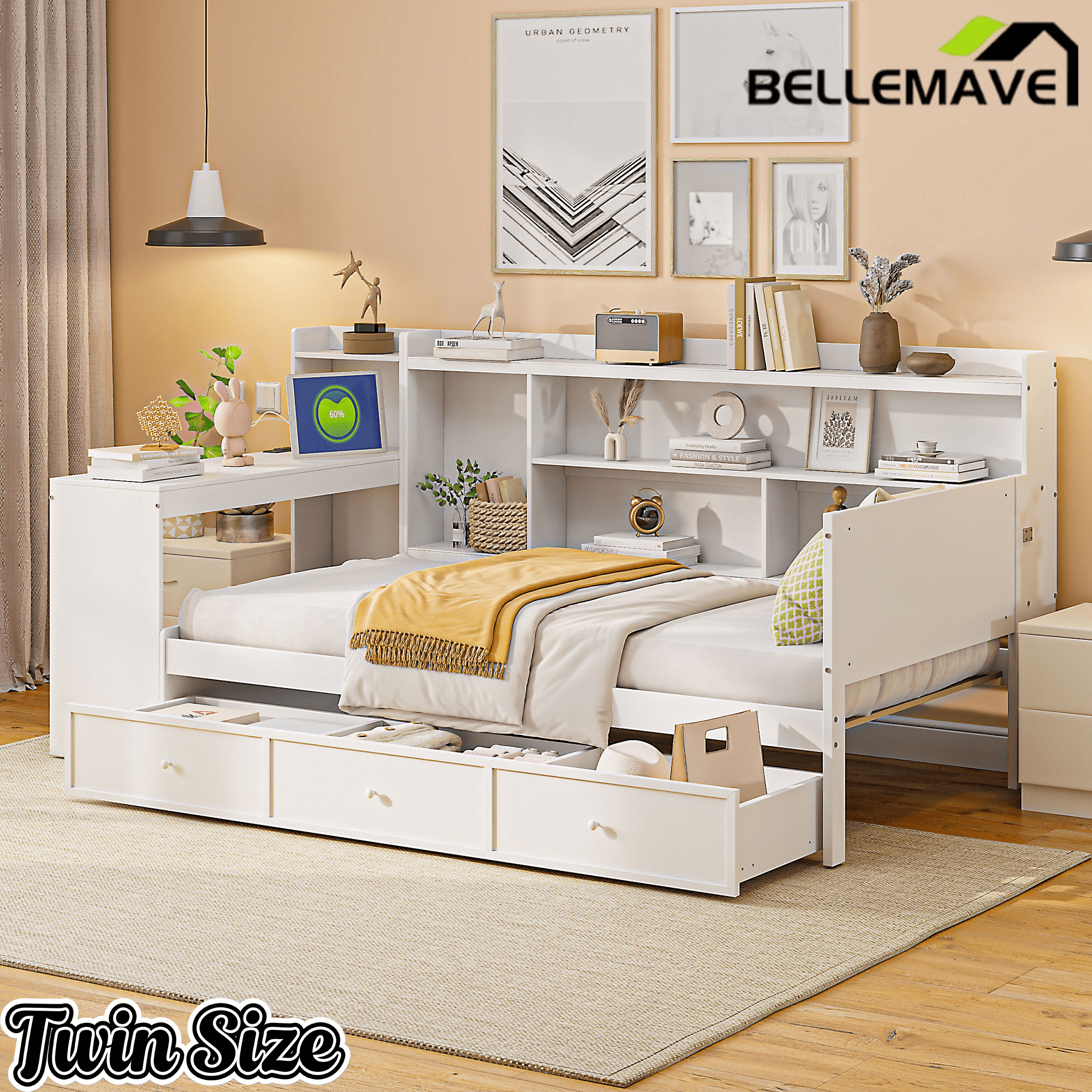 Bellemave® Pinewood U - Shaped Captain Daybed with Desk, Storage Drawers & USB Headboard - Bellemave