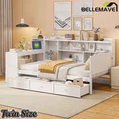 Bellemave® Pinewood U - Shaped Captain Daybed with Desk, Storage Drawers & USB Headboard - Bellemave