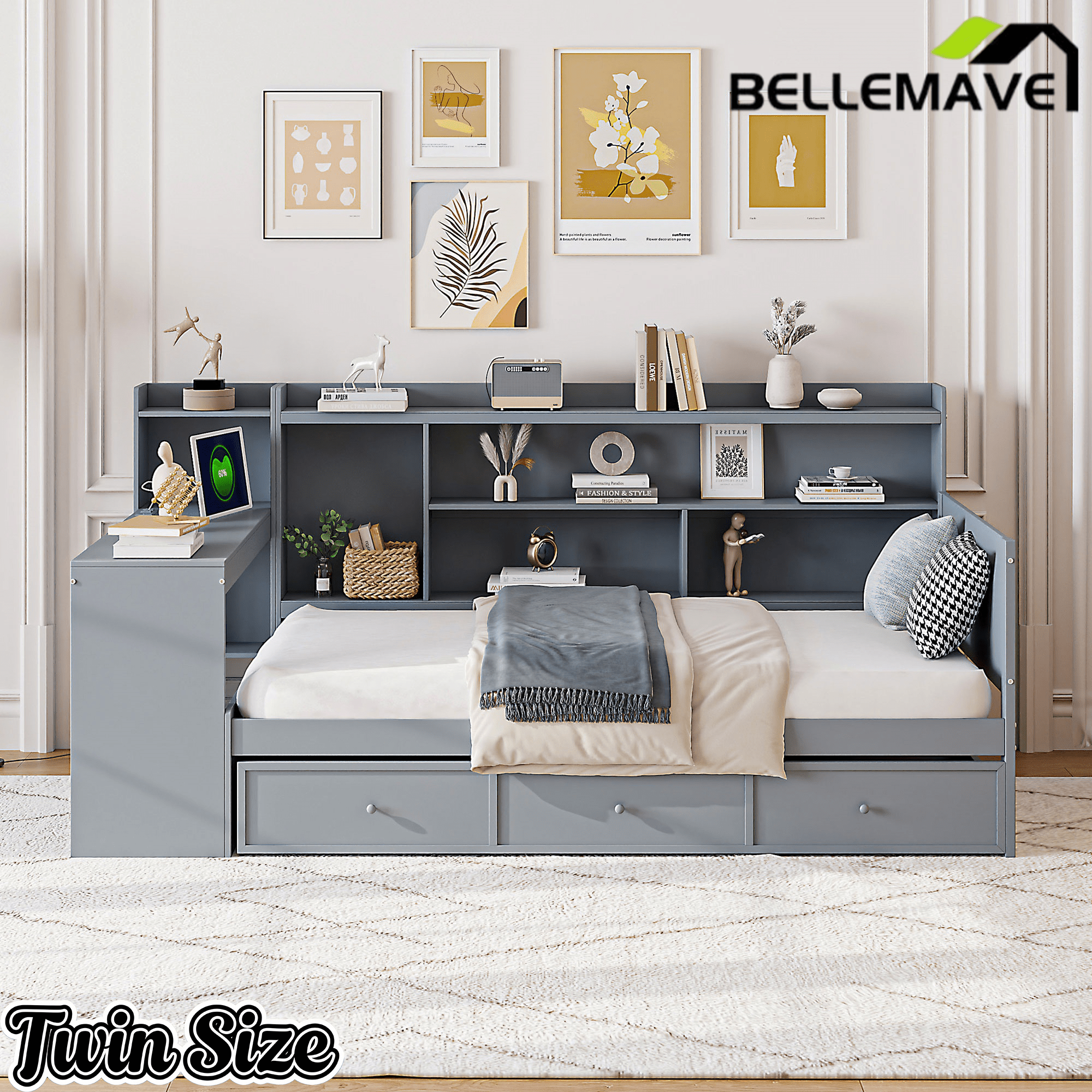 Bellemave® Pinewood U - Shaped Captain Daybed with Desk, Storage Drawers & USB Headboard - Bellemave