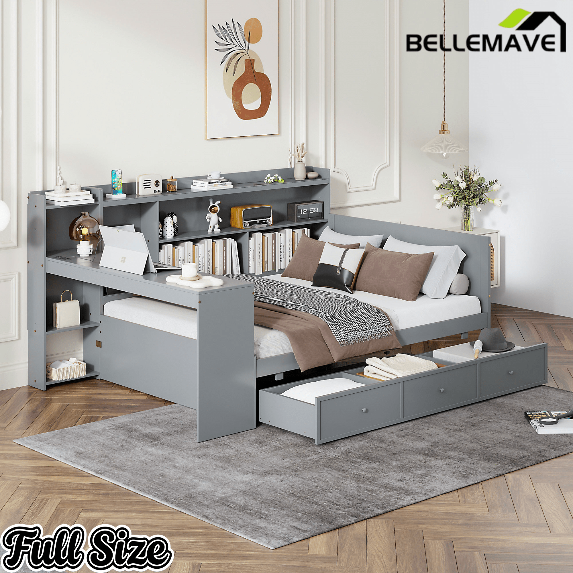 Bellemave® Pinewood U - Shaped Captain Daybed with Desk, Storage Drawers & USB Headboard - Bellemave