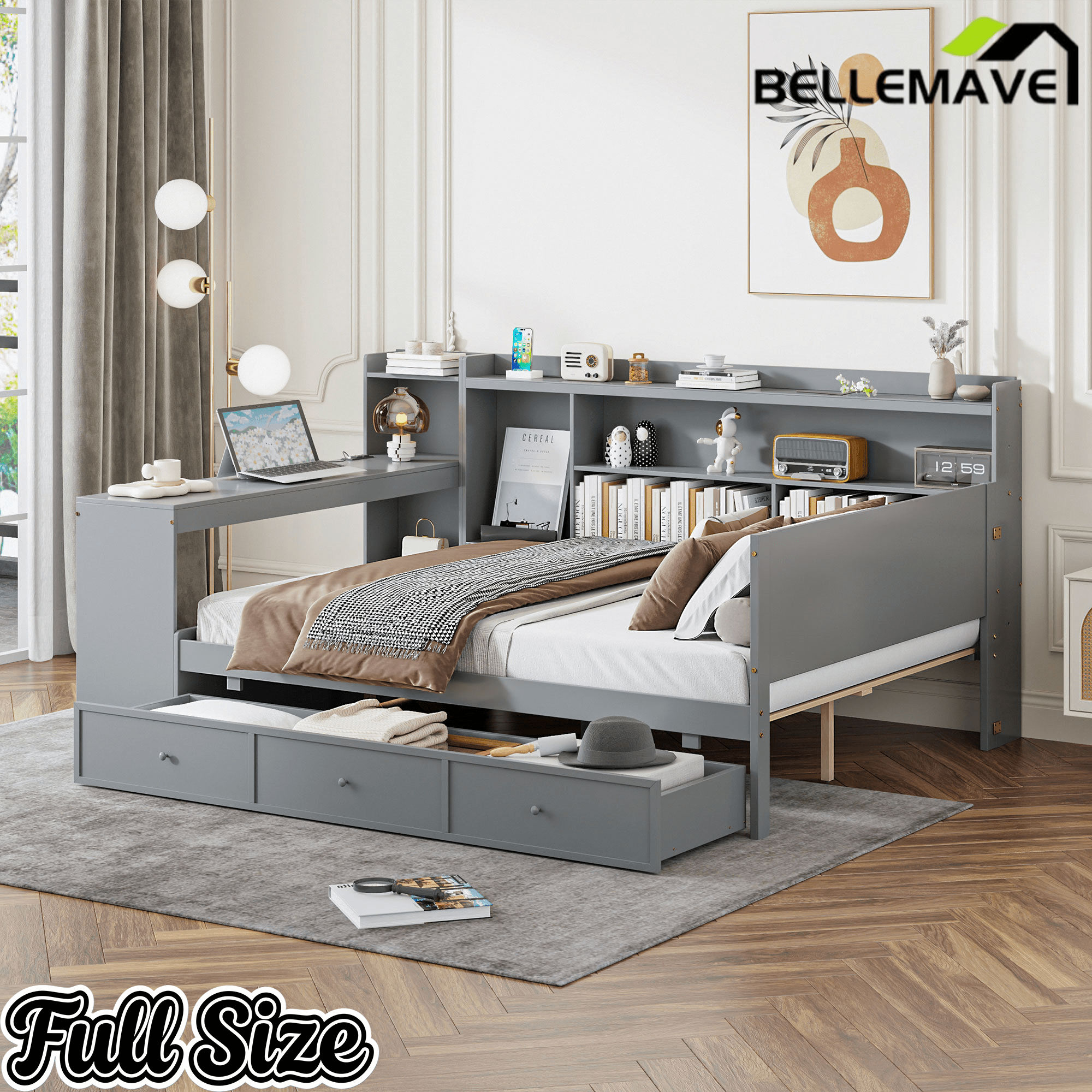 Bellemave® Pinewood U - Shaped Captain Daybed with Desk, Storage Drawers & USB Headboard - Bellemave