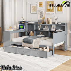 Bellemave® Pinewood U - Shaped Captain Daybed with Desk, Storage Drawers & USB Headboard - Bellemave