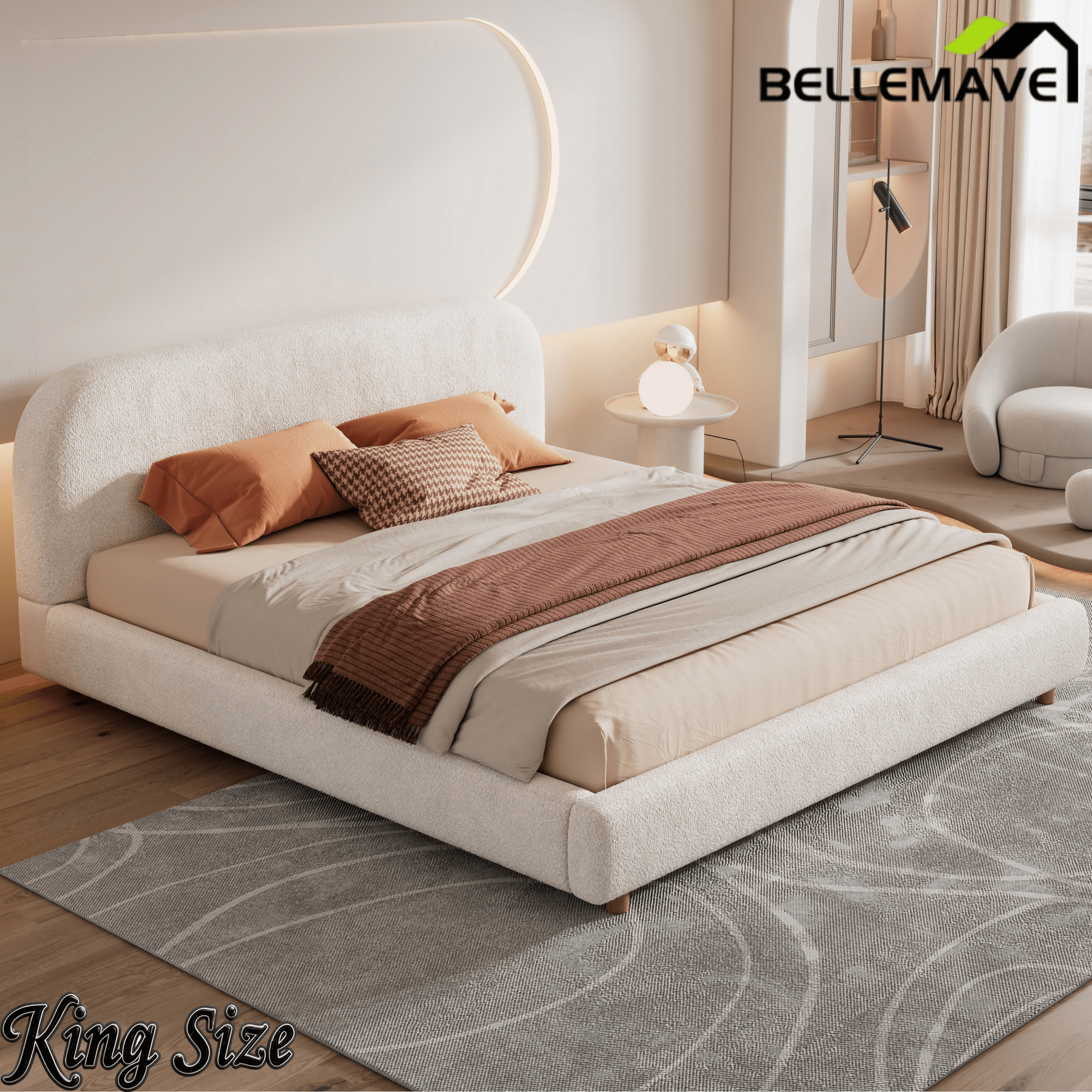 Bellemave® Platform Bed, Boucle Fabric Headborad & Bed Frame, Upholstered Curve - Shaped Design Headboard, Wood Bedpost & Slat, Modern Design Bed Set - Bellemave