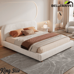 Bellemave® Platform Bed, Boucle Fabric Headborad & Bed Frame, Upholstered Curve - Shaped Design Headboard, Wood Bedpost & Slat, Modern Design Bed Set - Bellemave