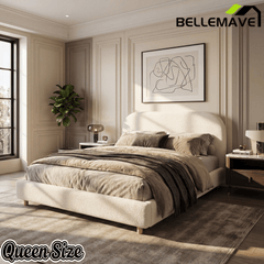 Bellemave® Platform Bed, Boucle Fabric Headborad & Bed Frame, Upholstered Curve - Shaped Design Headboard, Wood Bedpost & Slat, Modern Design Bed Set - Bellemave