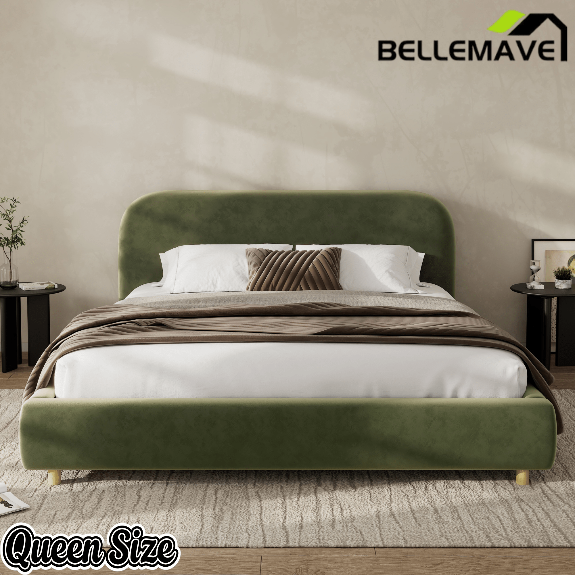 Bellemave® Platform Bed, Boucle Fabric Headborad & Bed Frame, Upholstered Curve - Shaped Design Headboard, Wood Bedpost & Slat, Modern Design Bed Set - Bellemave