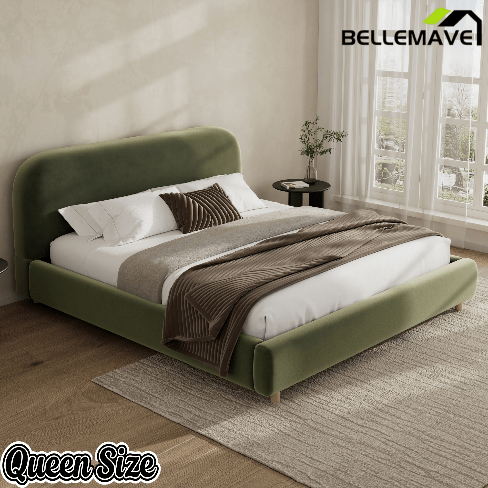 Bellemave® Platform Bed, Boucle Fabric Headborad & Bed Frame, Upholstered Curve - Shaped Design Headboard, Wood Bedpost & Slat, Modern Design Bed Set - Bellemave