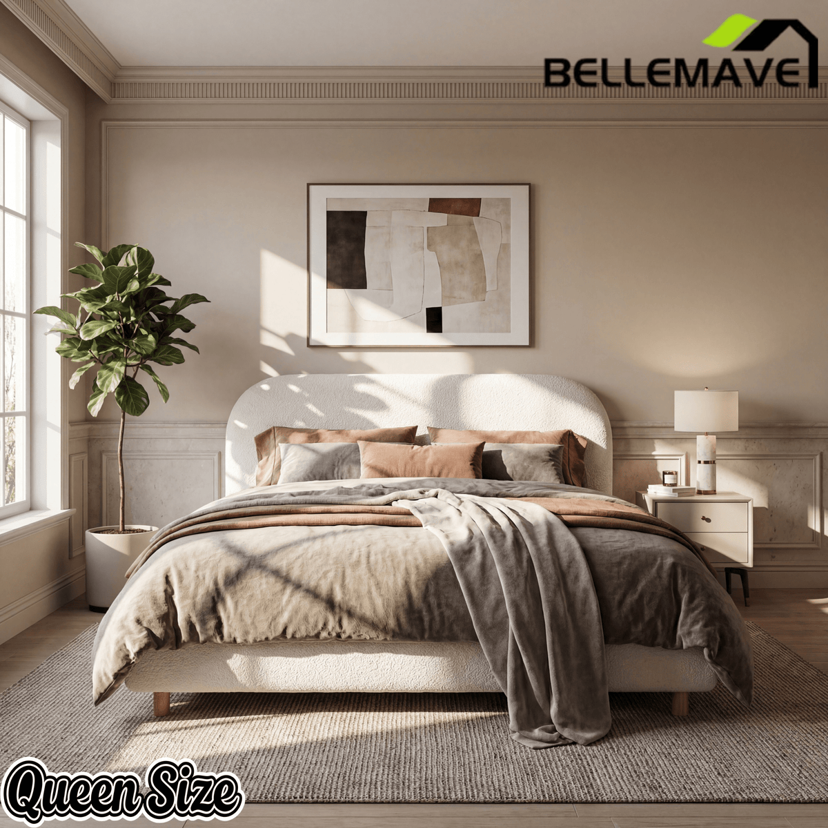 Bellemave® Platform Bed, Boucle Fabric Headborad & Bed Frame, Upholstered Curve - Shaped Design Headboard, Wood Bedpost & Slat, Modern Design Bed Set - Bellemave