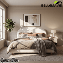 Bellemave® Platform Bed, Boucle Fabric Headborad & Bed Frame, Upholstered Curve - Shaped Design Headboard, Wood Bedpost & Slat, Modern Design Bed Set - Bellemave