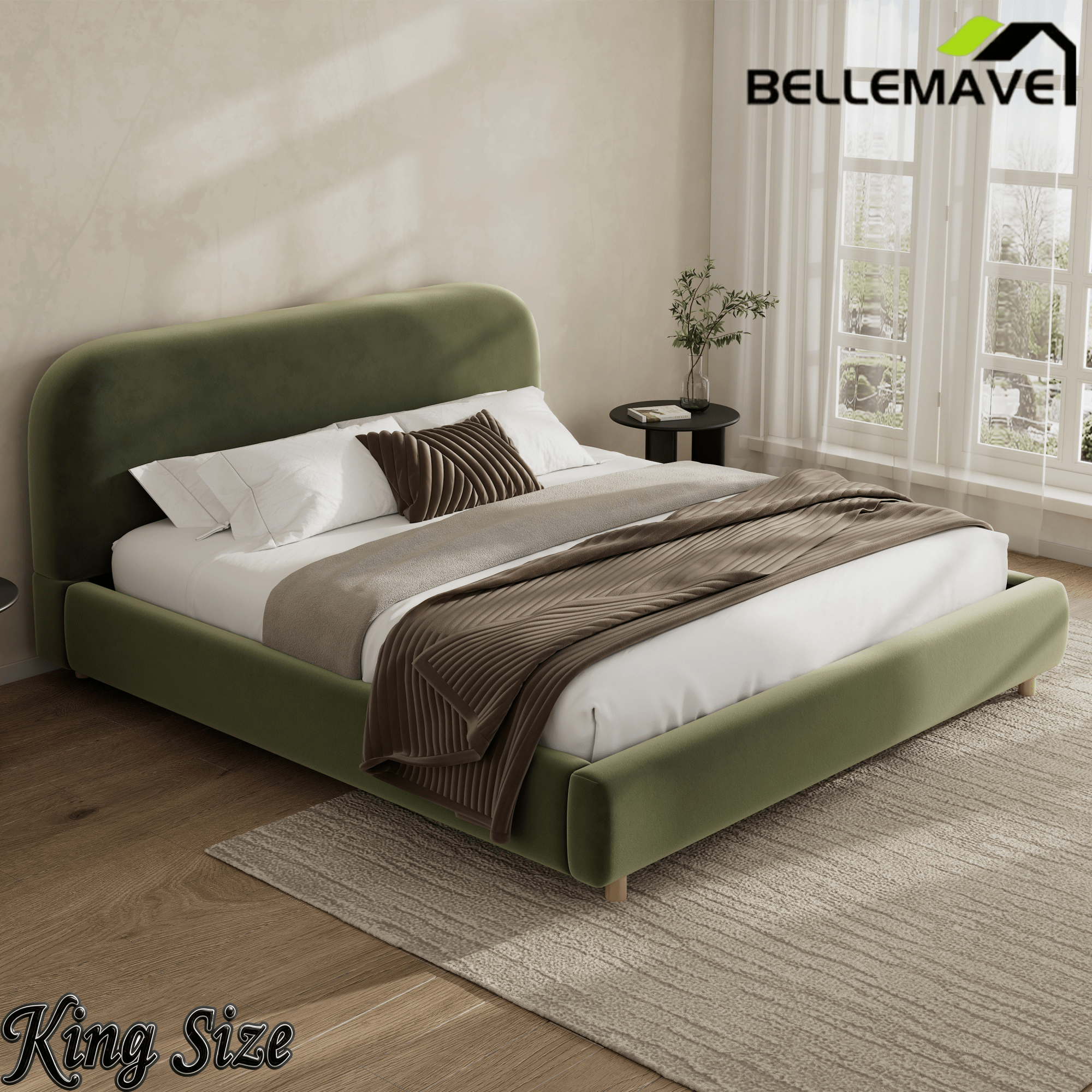Bellemave® Platform Bed, Boucle Fabric Headborad & Bed Frame, Upholstered Curve - Shaped Design Headboard, Wood Bedpost & Slat, Modern Design Bed Set - Bellemave