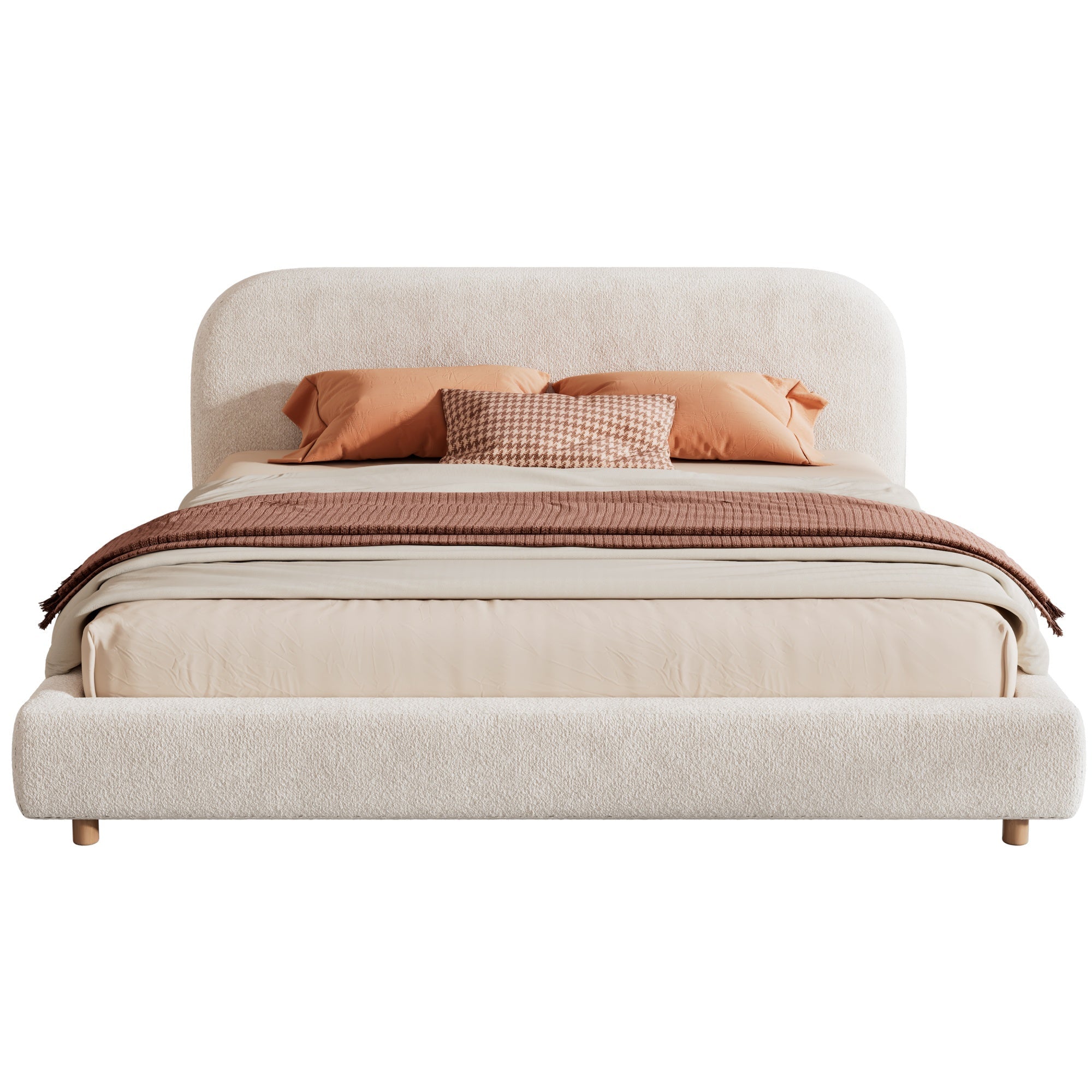 Bellemave® Platform Bed, Boucle Fabric Headborad & Bed Frame, Upholstered Curve - Shaped Design Headboard, Wood Bedpost & Slat, Modern Design Bed Set - Bellemave