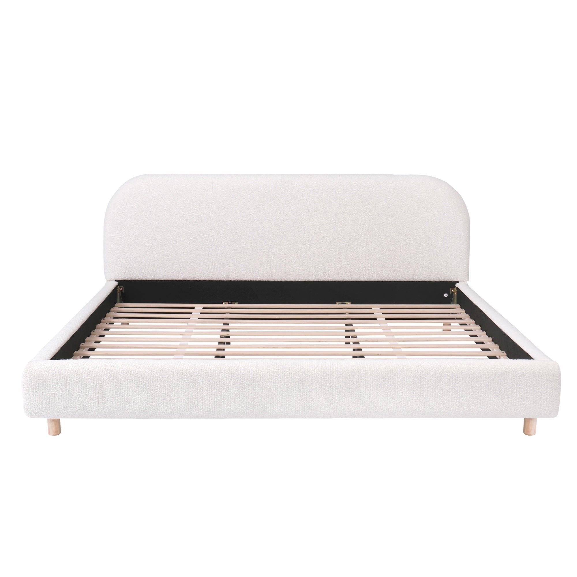 Bellemave® Platform Bed, Boucle Fabric Headborad & Bed Frame, Upholstered Curve - Shaped Design Headboard, Wood Bedpost & Slat, Modern Design Bed Set - Bellemave