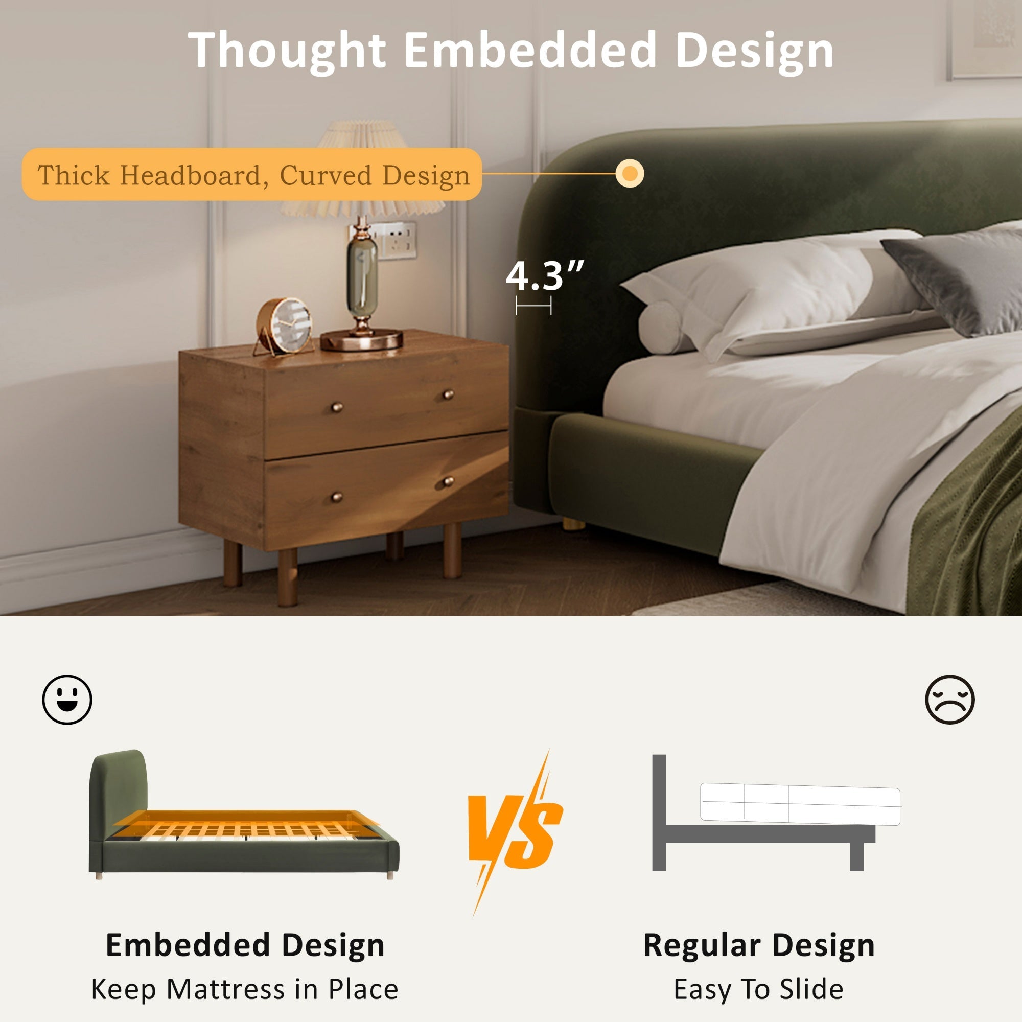 Bellemave® Platform Bed, Boucle Fabric Headborad & Bed Frame, Upholstered Curve - Shaped Design Headboard, Wood Bedpost & Slat, Modern Design Bed Set - Bellemave