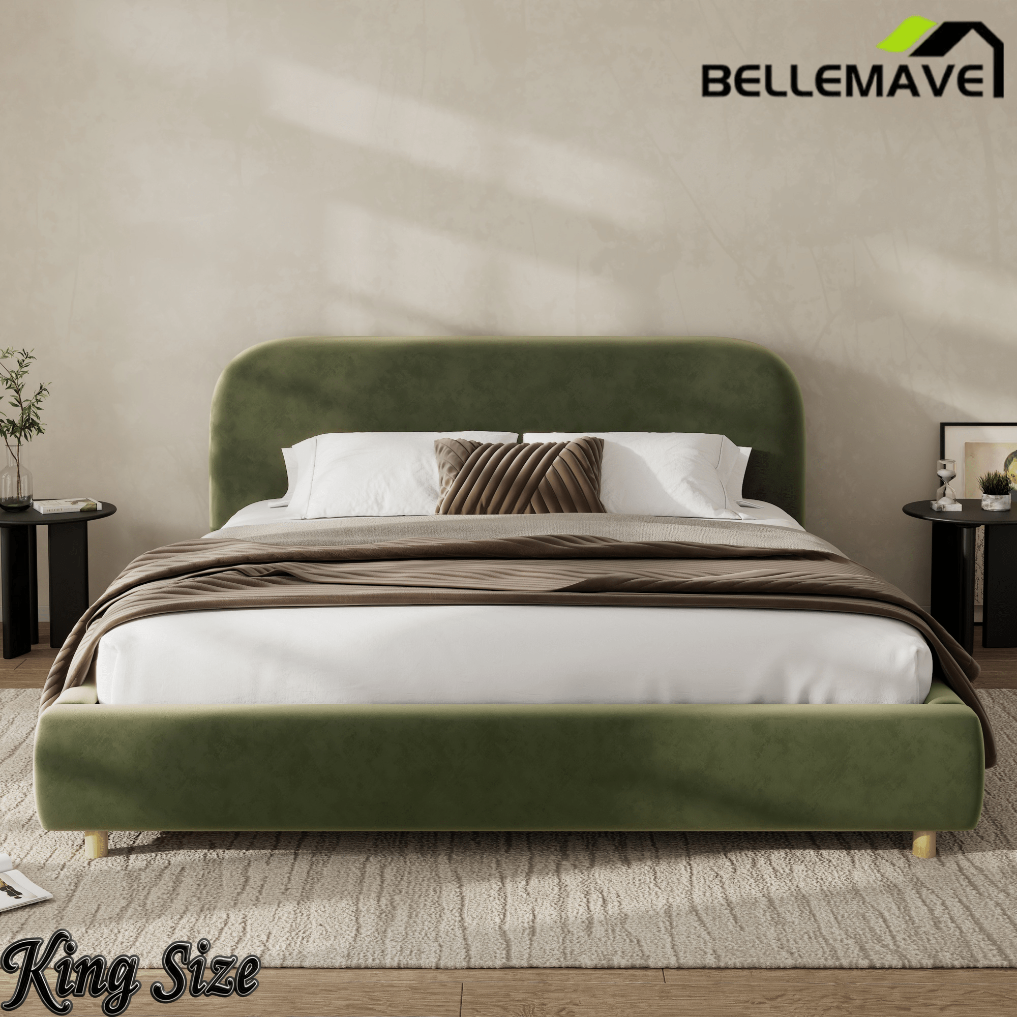 Bellemave® Platform Bed, Boucle Fabric Headborad & Bed Frame, Upholstered Curve - Shaped Design Headboard, Wood Bedpost & Slat, Modern Design Bed Set - Bellemave