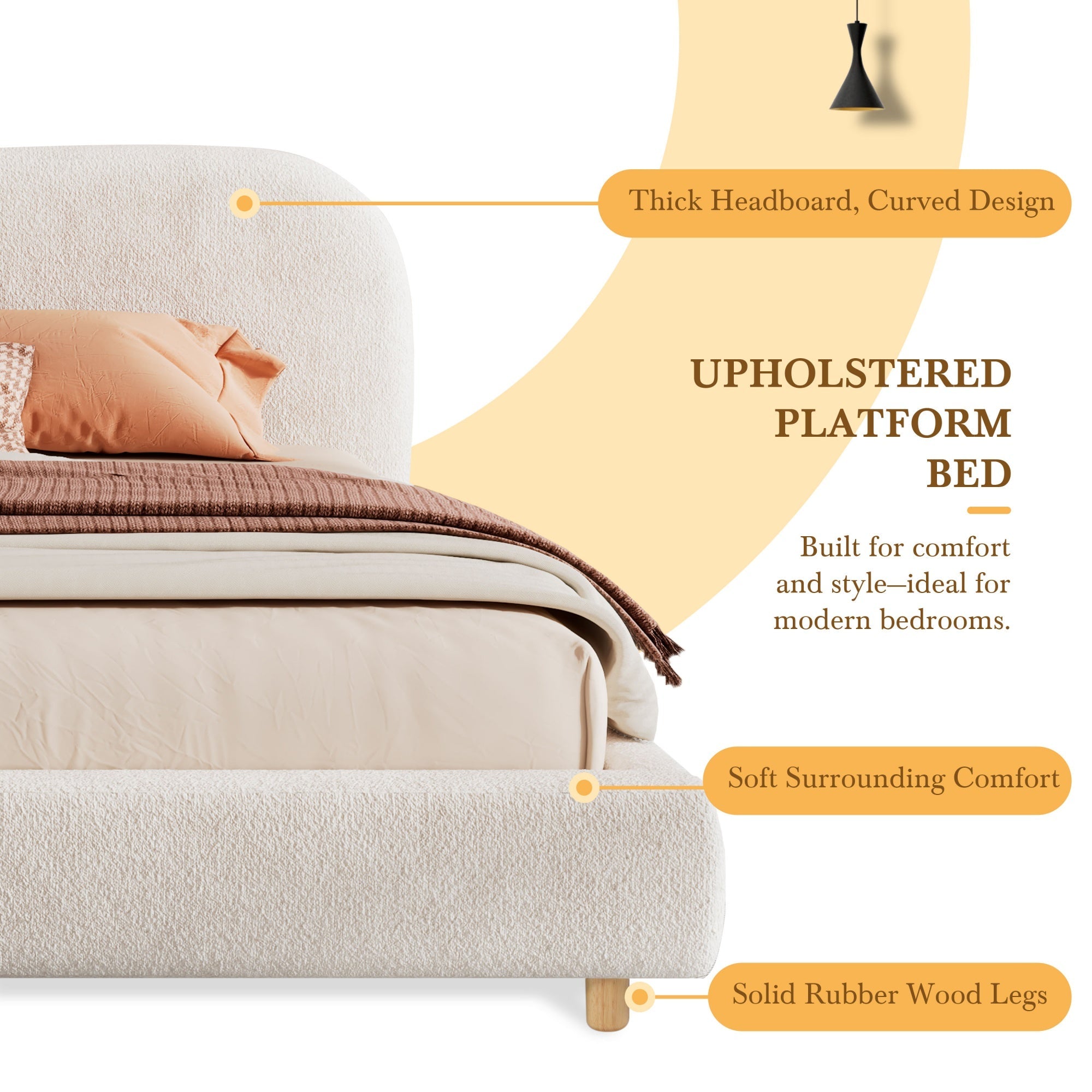 Bellemave® Platform Bed, Boucle Fabric Headborad & Bed Frame, Upholstered Curve - Shaped Design Headboard, Wood Bedpost & Slat, Modern Design Bed Set - Bellemave