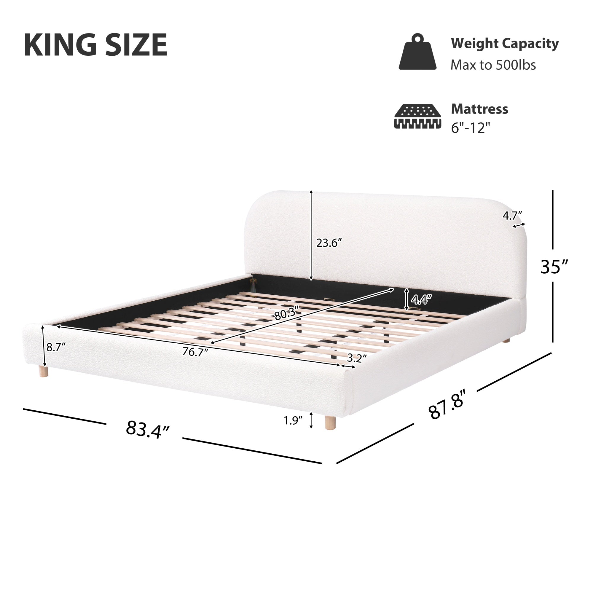 Bellemave® Platform Bed, Boucle Fabric Headborad & Bed Frame, Upholstered Curve - Shaped Design Headboard, Wood Bedpost & Slat, Modern Design Bed Set - Bellemave