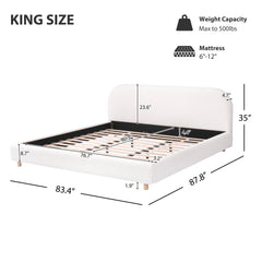 Bellemave® Platform Bed, Boucle Fabric Headborad & Bed Frame, Upholstered Curve - Shaped Design Headboard, Wood Bedpost & Slat, Modern Design Bed Set - Bellemave