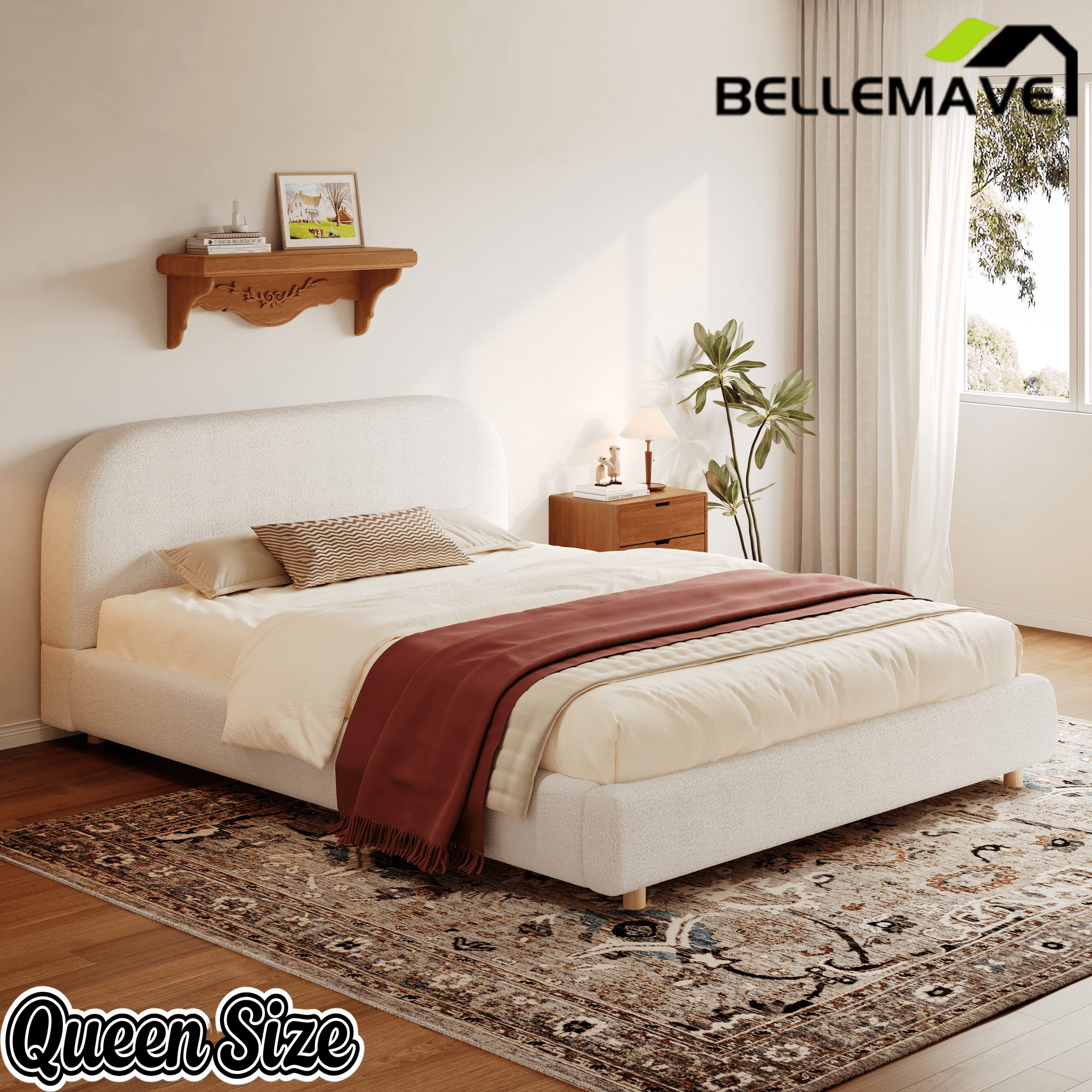 Bellemave® Platform Bed, Boucle Fabric Headborad & Bed Frame, Upholstered Curve - Shaped Design Headboard, Wood Bedpost & Slat, Modern Design Bed Set - Bellemave