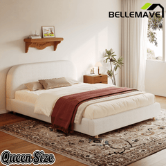 Bellemave® Platform Bed, Boucle Fabric Headborad & Bed Frame, Upholstered Curve - Shaped Design Headboard, Wood Bedpost & Slat, Modern Design Bed Set - Bellemave