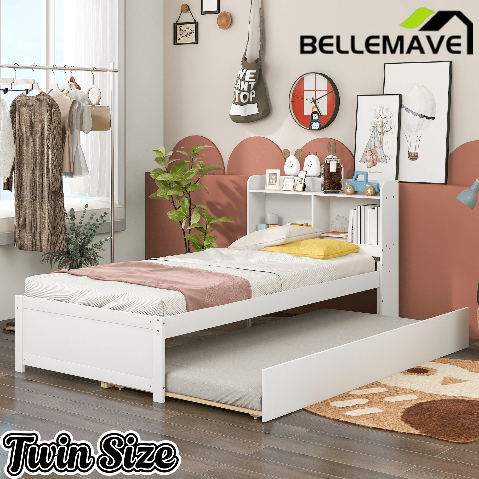 Bellemave® Platform Bed with Bookcase and Trundle, Wood Captains Bed Frame with Storage Headboard for Kids, Teens & Adults - Bellemave