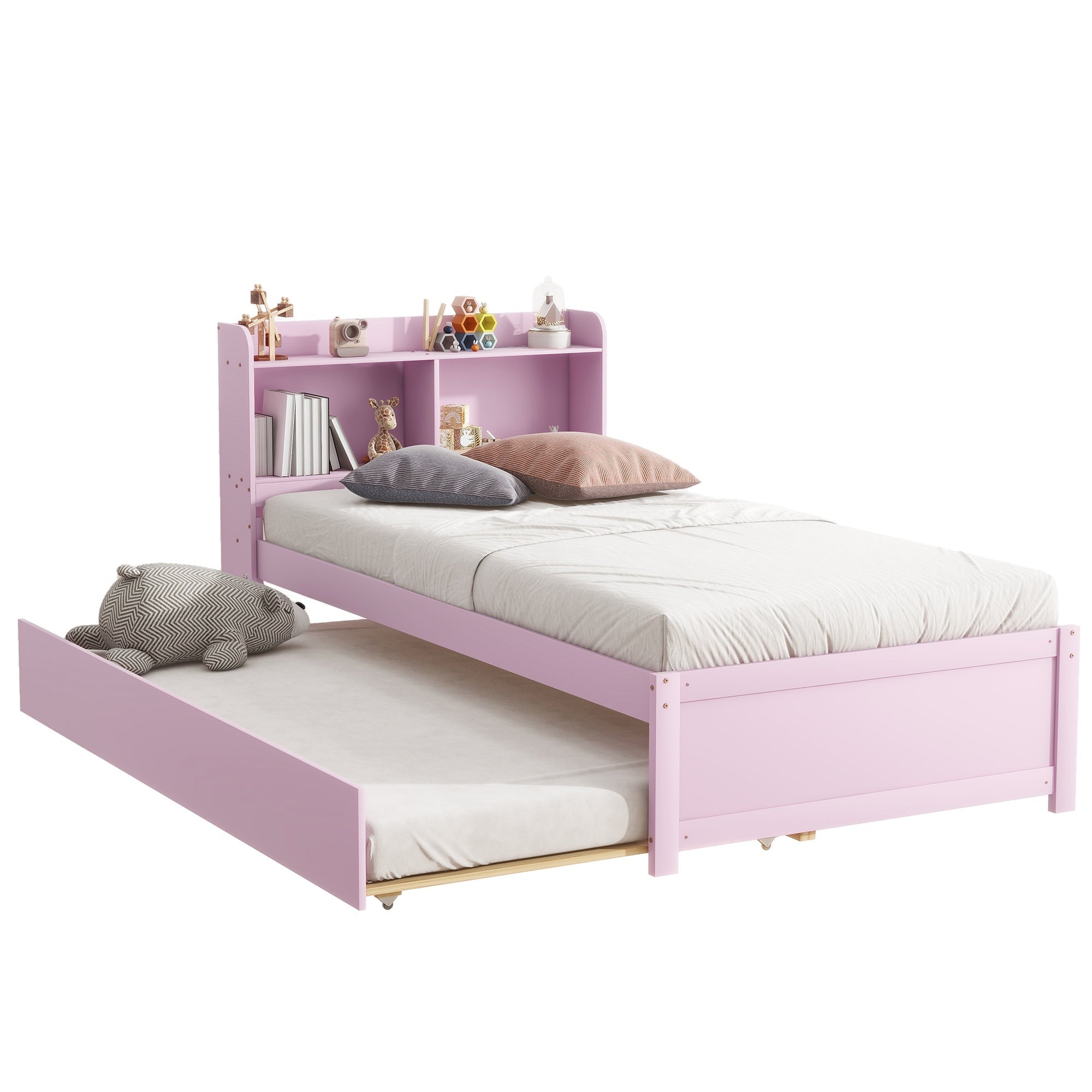 Bellemave® Platform Bed with Bookcase and Trundle, Wood Captains Bed Frame with Storage Headboard for Kids, Teens & Adults - Bellemave