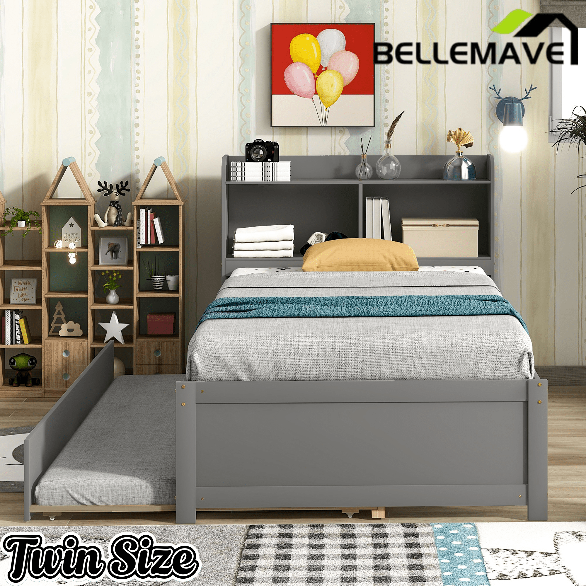Bellemave® Platform Bed with Bookcase and Trundle, Wood Captains Bed Frame with Storage Headboard for Kids, Teens & Adults - Bellemave