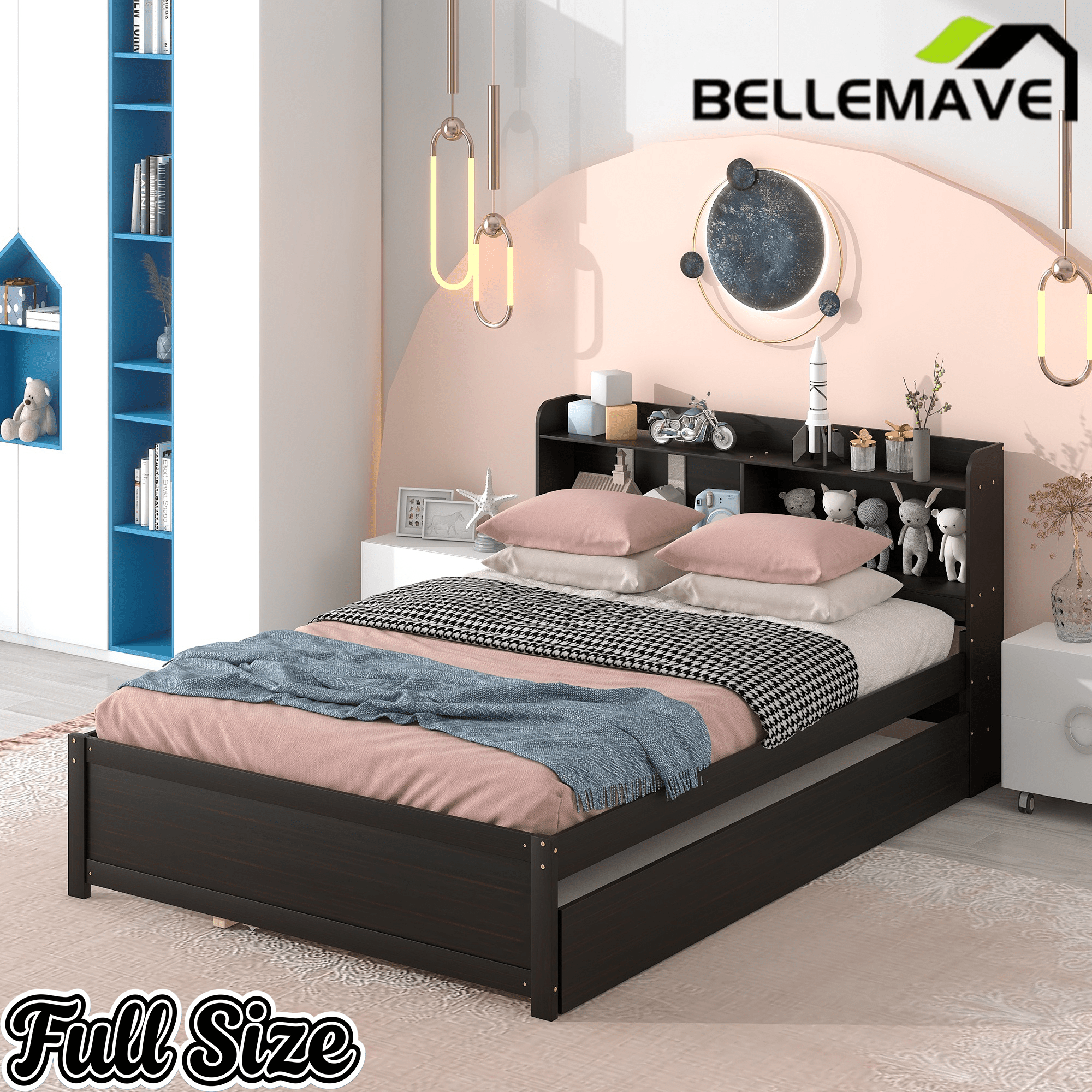 Bellemave® Platform Bed with Bookcase and Trundle, Wood Captains Bed Frame with Storage Headboard for Kids, Teens & Adults - Bellemave