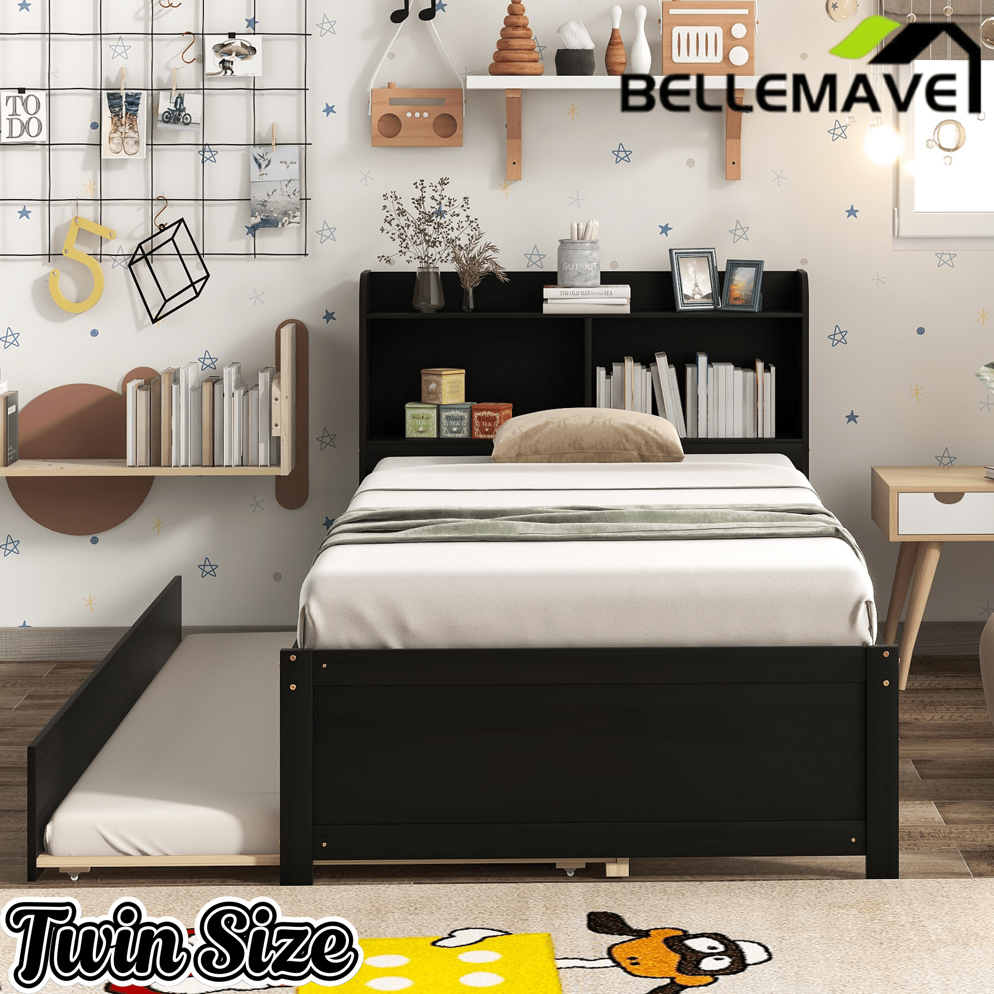 Bellemave® Platform Bed with Bookcase and Trundle, Wood Captains Bed Frame with Storage Headboard for Kids, Teens & Adults - Bellemave