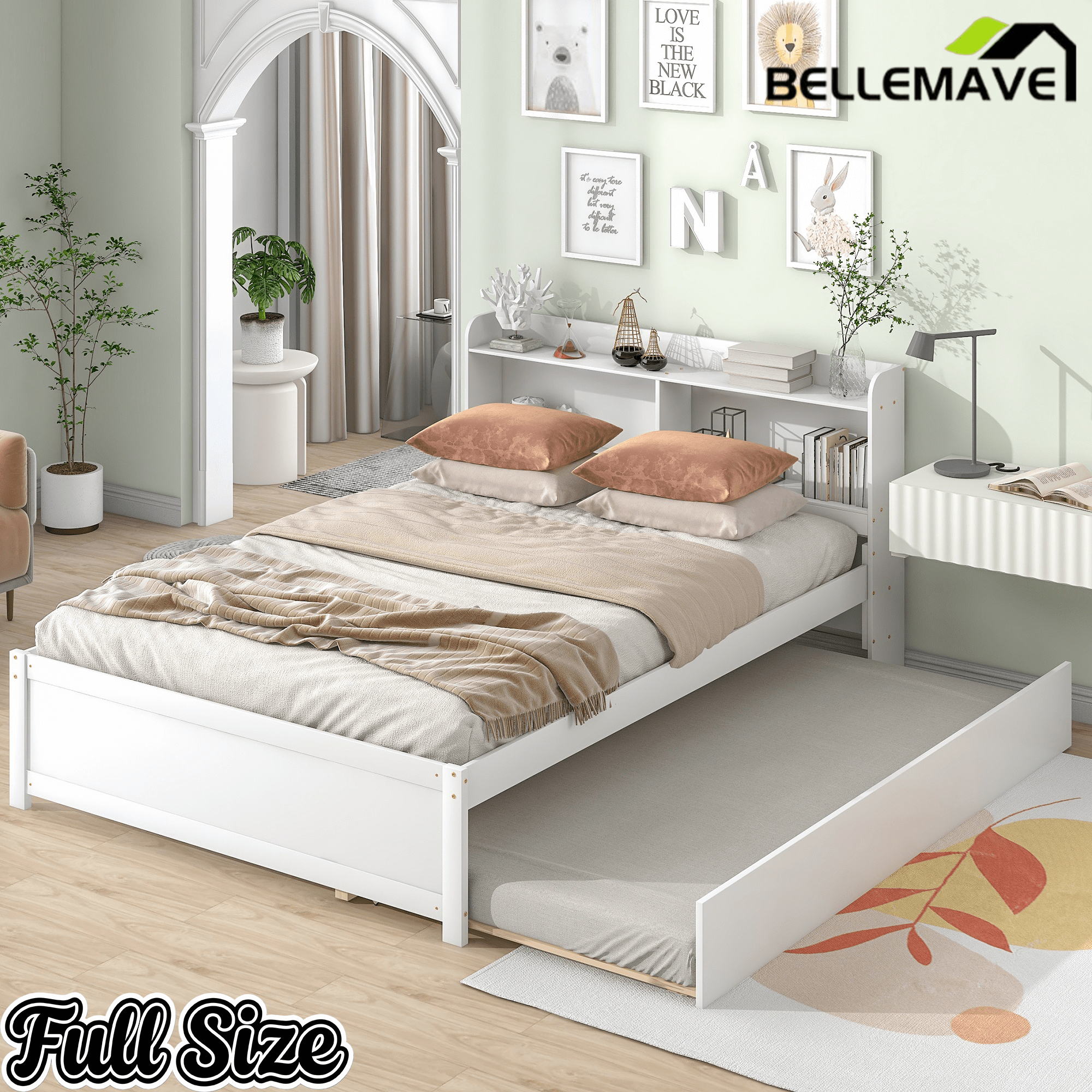 Bellemave® Platform Bed with Bookcase and Trundle, Wood Captains Bed Frame with Storage Headboard for Kids, Teens & Adults - Bellemave