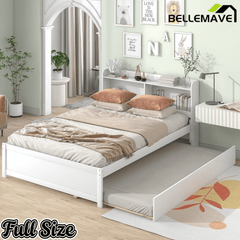 Bellemave® Platform Bed with Bookcase and Trundle, Wood Captains Bed Frame with Storage Headboard for Kids, Teens & Adults - Bellemave