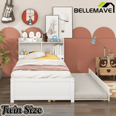 Bellemave® Platform Bed with Bookcase and Trundle, Wood Captains Bed Frame with Storage Headboard for Kids, Teens & Adults - Bellemave