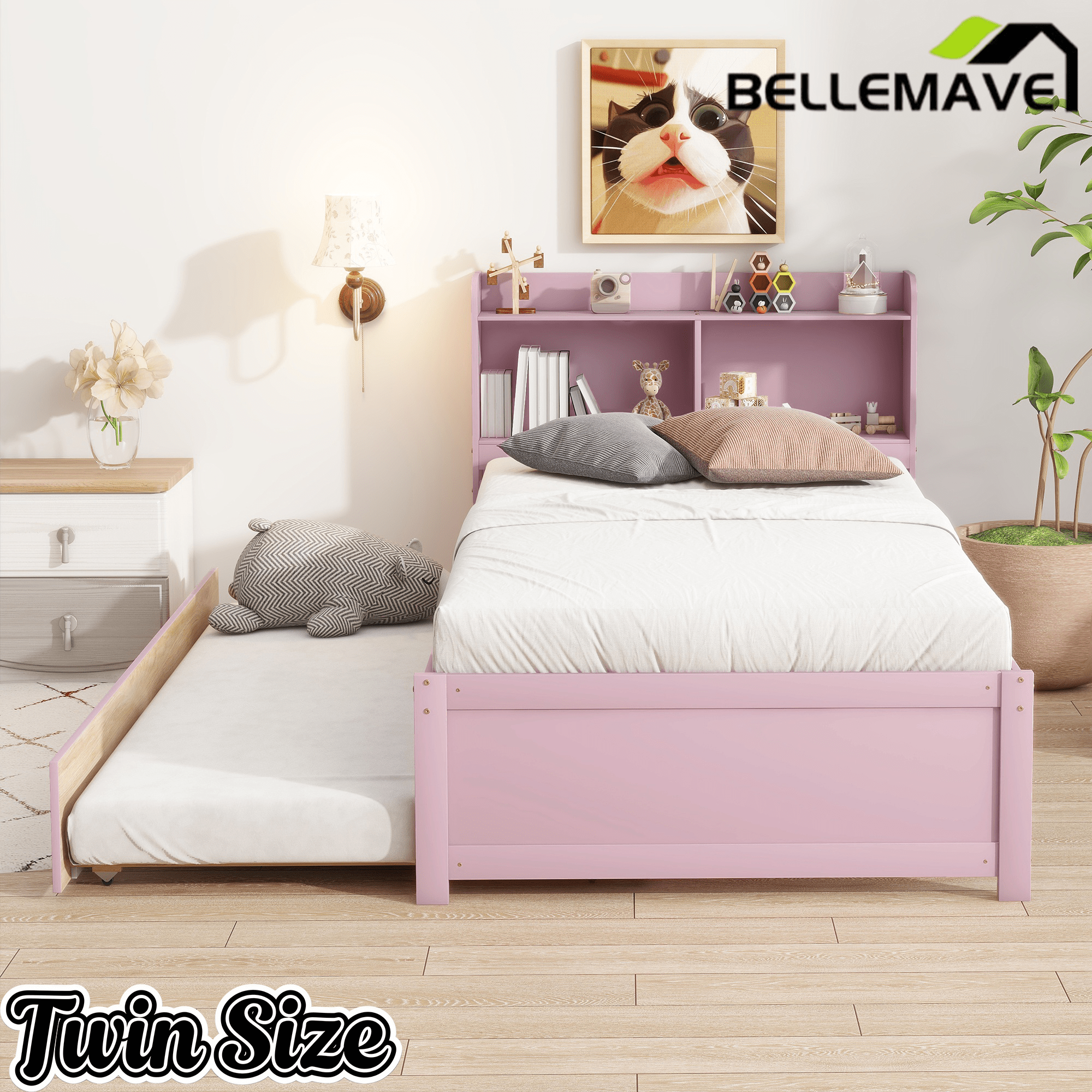 Bellemave® Platform Bed with Bookcase and Trundle, Wood Captains Bed Frame with Storage Headboard for Kids, Teens & Adults - Bellemave