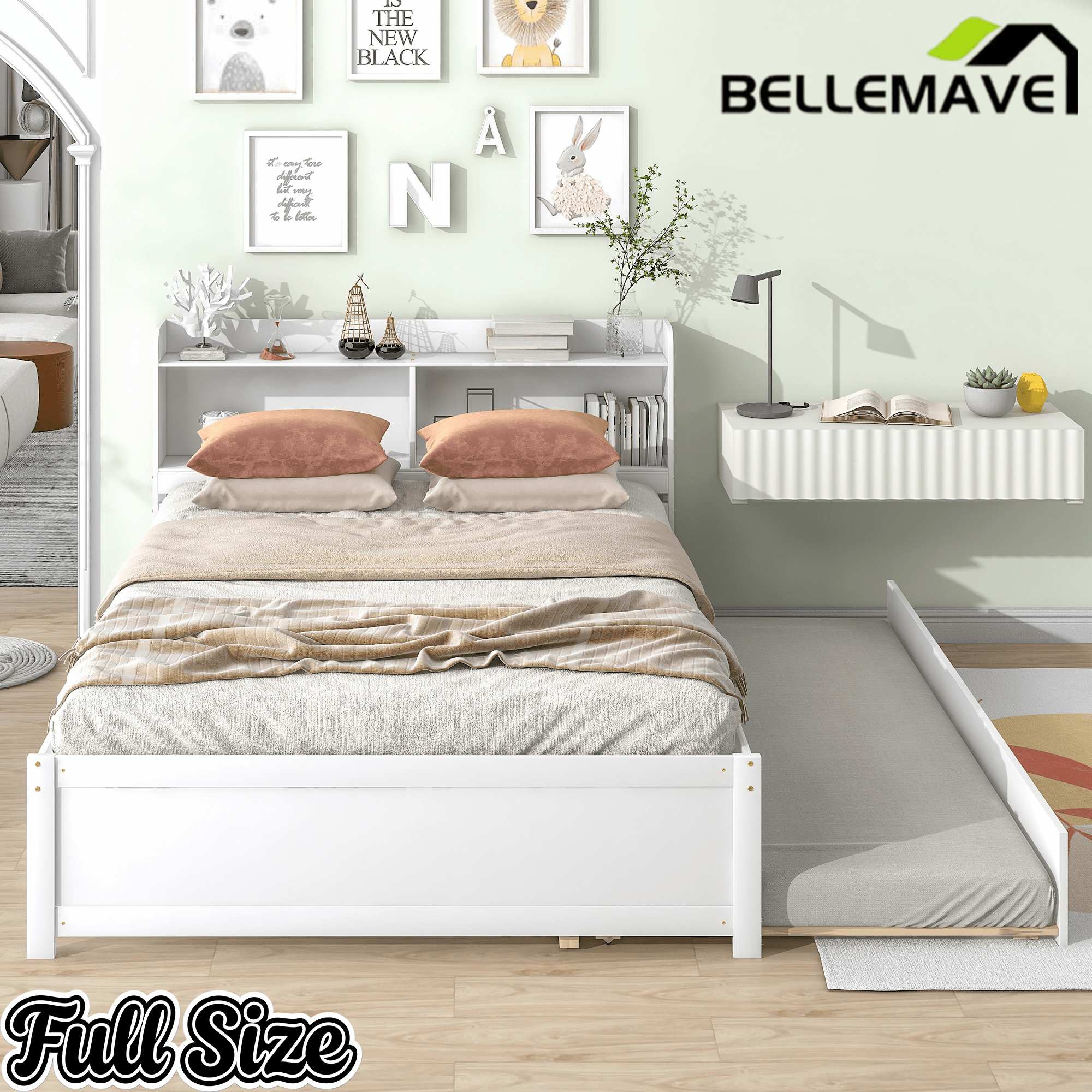 Bellemave® Platform Bed with Bookcase and Trundle, Wood Captains Bed Frame with Storage Headboard for Kids, Teens & Adults - Bellemave