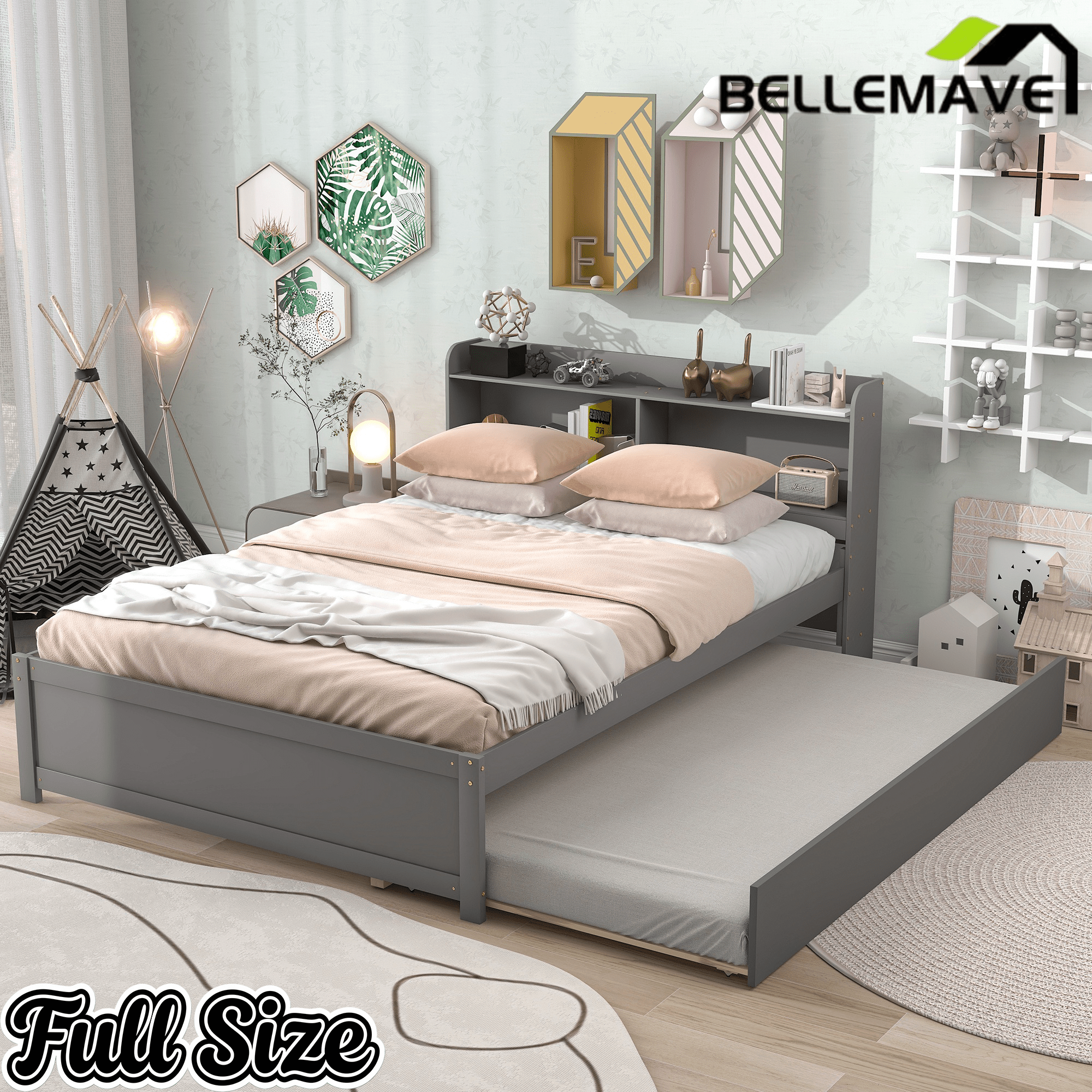 Bellemave® Platform Bed with Bookcase and Trundle, Wood Captains Bed Frame with Storage Headboard for Kids, Teens & Adults - Bellemave