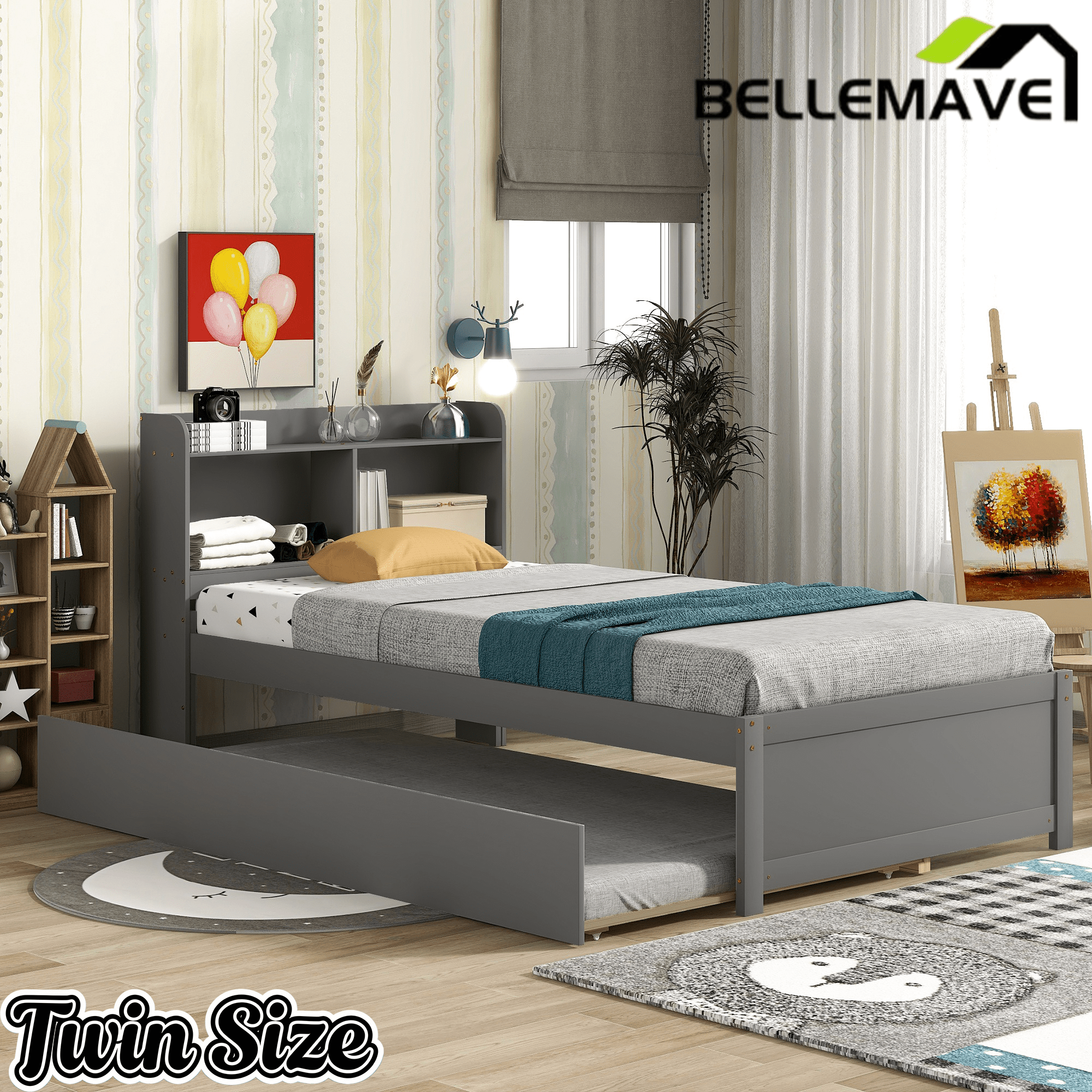 Bellemave® Platform Bed with Bookcase and Trundle, Wood Captains Bed Frame with Storage Headboard for Kids, Teens & Adults - Bellemave