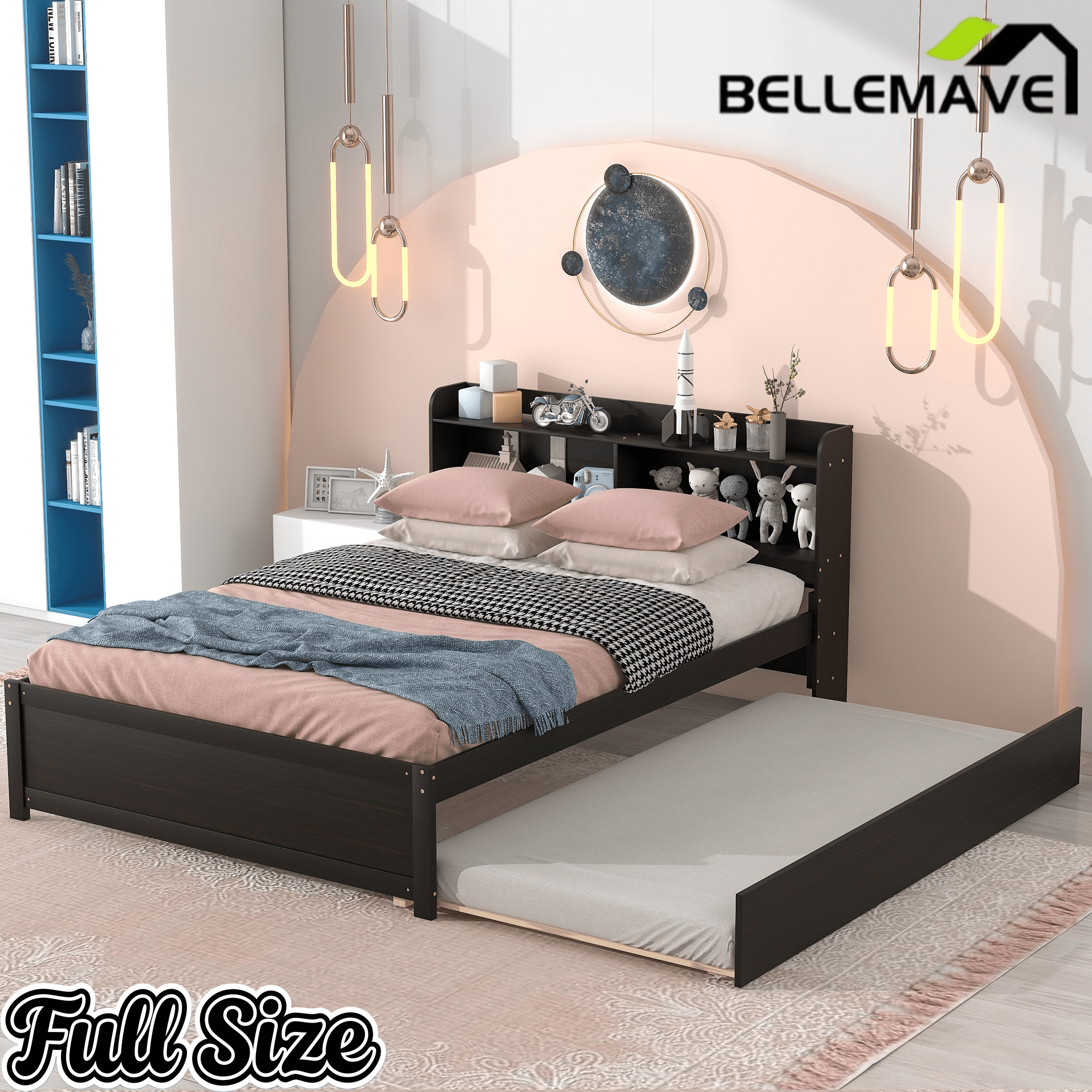 Bellemave® Platform Bed with Bookcase and Trundle, Wood Captains Bed Frame with Storage Headboard for Kids, Teens & Adults - Bellemave
