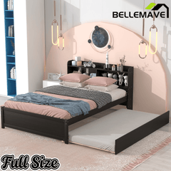 Bellemave® Platform Bed with Bookcase and Trundle, Wood Captains Bed Frame with Storage Headboard for Kids, Teens & Adults - Bellemave