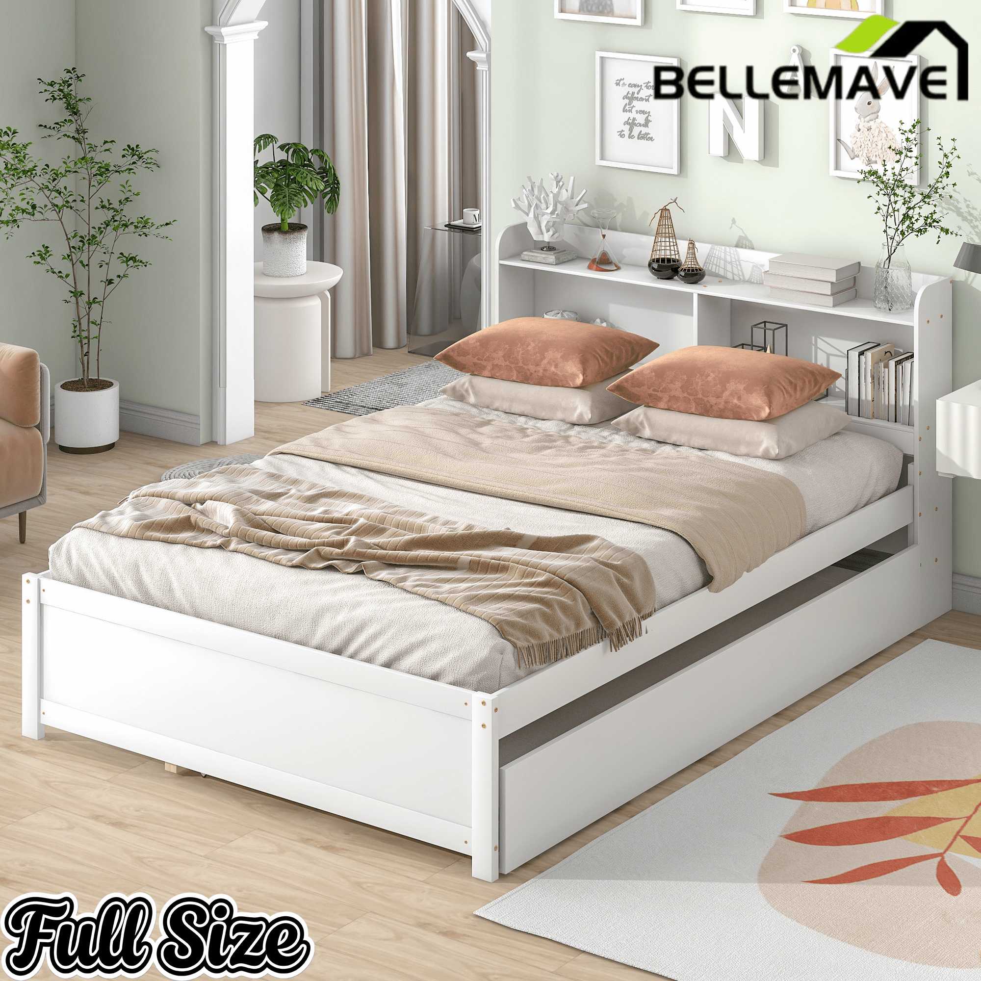 Bellemave® Platform Bed with Bookcase and Trundle, Wood Captains Bed Frame with Storage Headboard for Kids, Teens & Adults - Bellemave