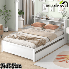 Bellemave® Platform Bed with Bookcase and Trundle, Wood Captains Bed Frame with Storage Headboard for Kids, Teens & Adults - Bellemave