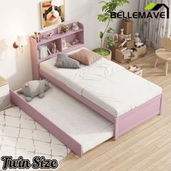 Bellemave® Platform Bed with Bookcase and Trundle, Wood Captains Bed Frame with Storage Headboard for Kids, Teens & Adults - Bellemave