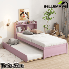 Bellemave® Platform Bed with Bookcase and Trundle, Wood Captains Bed Frame with Storage Headboard for Kids, Teens & Adults - Bellemave