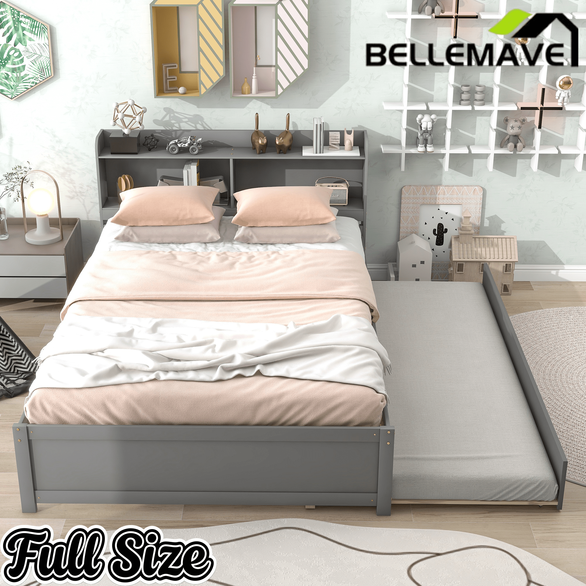 Bellemave® Platform Bed with Bookcase and Trundle, Wood Captains Bed Frame with Storage Headboard for Kids, Teens & Adults - Bellemave