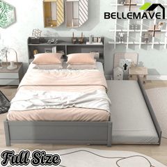 Bellemave® Platform Bed with Bookcase and Trundle, Wood Captains Bed Frame with Storage Headboard for Kids, Teens & Adults - Bellemave