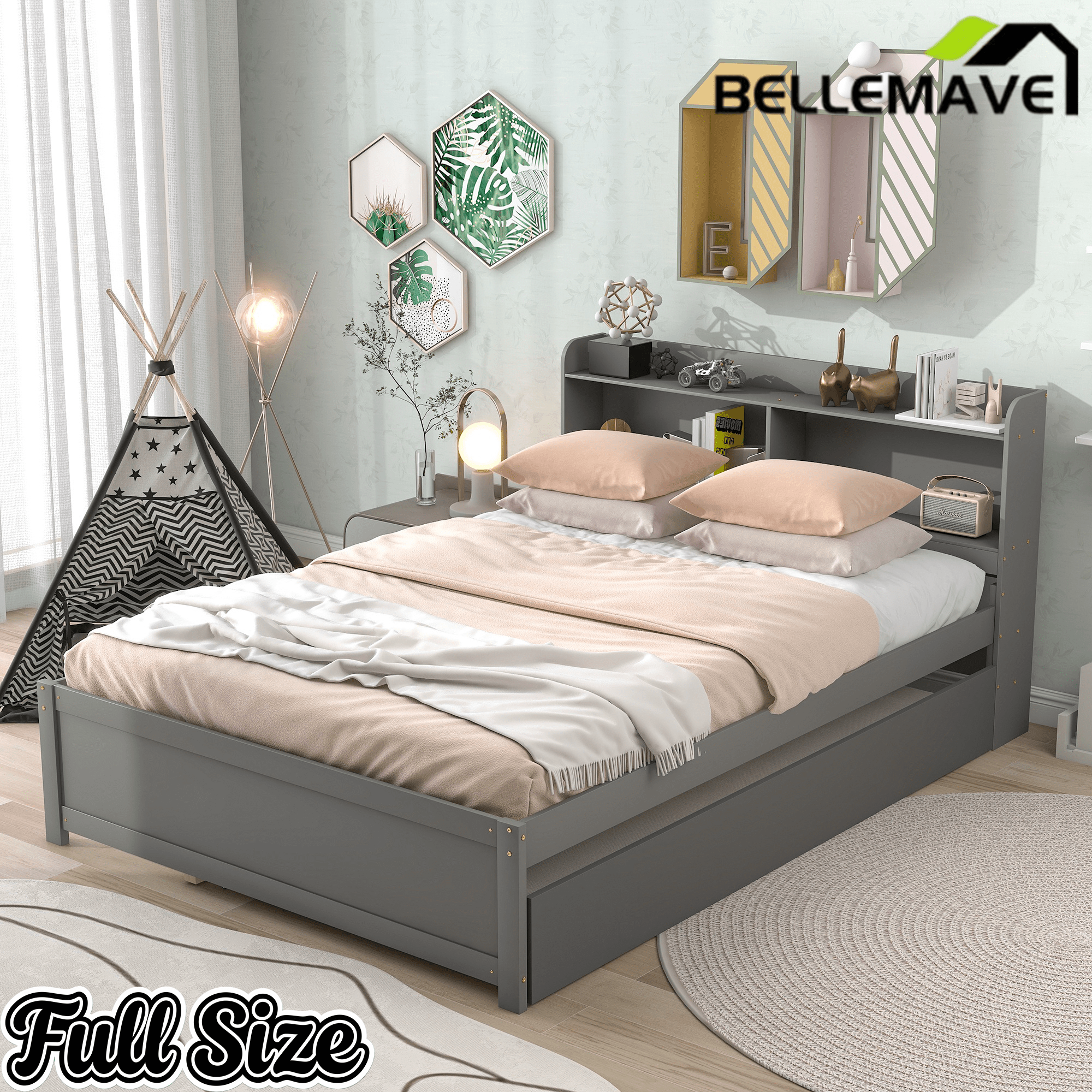 Bellemave® Platform Bed with Bookcase and Trundle, Wood Captains Bed Frame with Storage Headboard for Kids, Teens & Adults - Bellemave