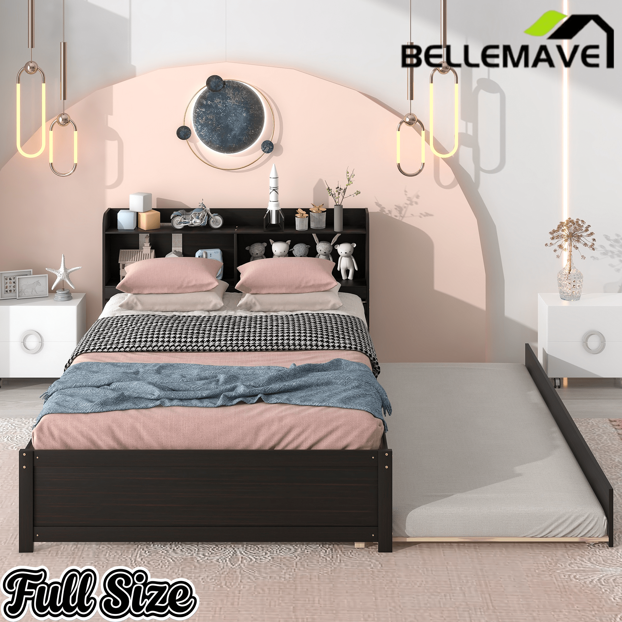 Bellemave® Platform Bed with Bookcase and Trundle, Wood Captains Bed Frame with Storage Headboard for Kids, Teens & Adults - Bellemave