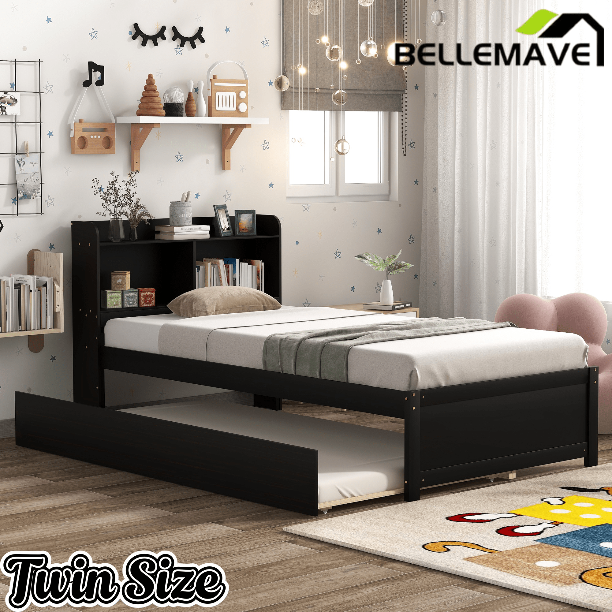 Bellemave® Platform Bed with Bookcase and Trundle, Wood Captains Bed Frame with Storage Headboard for Kids, Teens & Adults - Bellemave